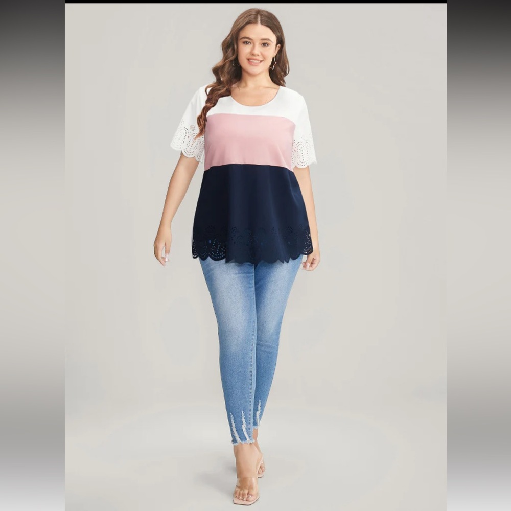 Colorblock Contrast Scalloped Trim Laser Cut Crew Neck T-Shirt - Picture 2 of 3